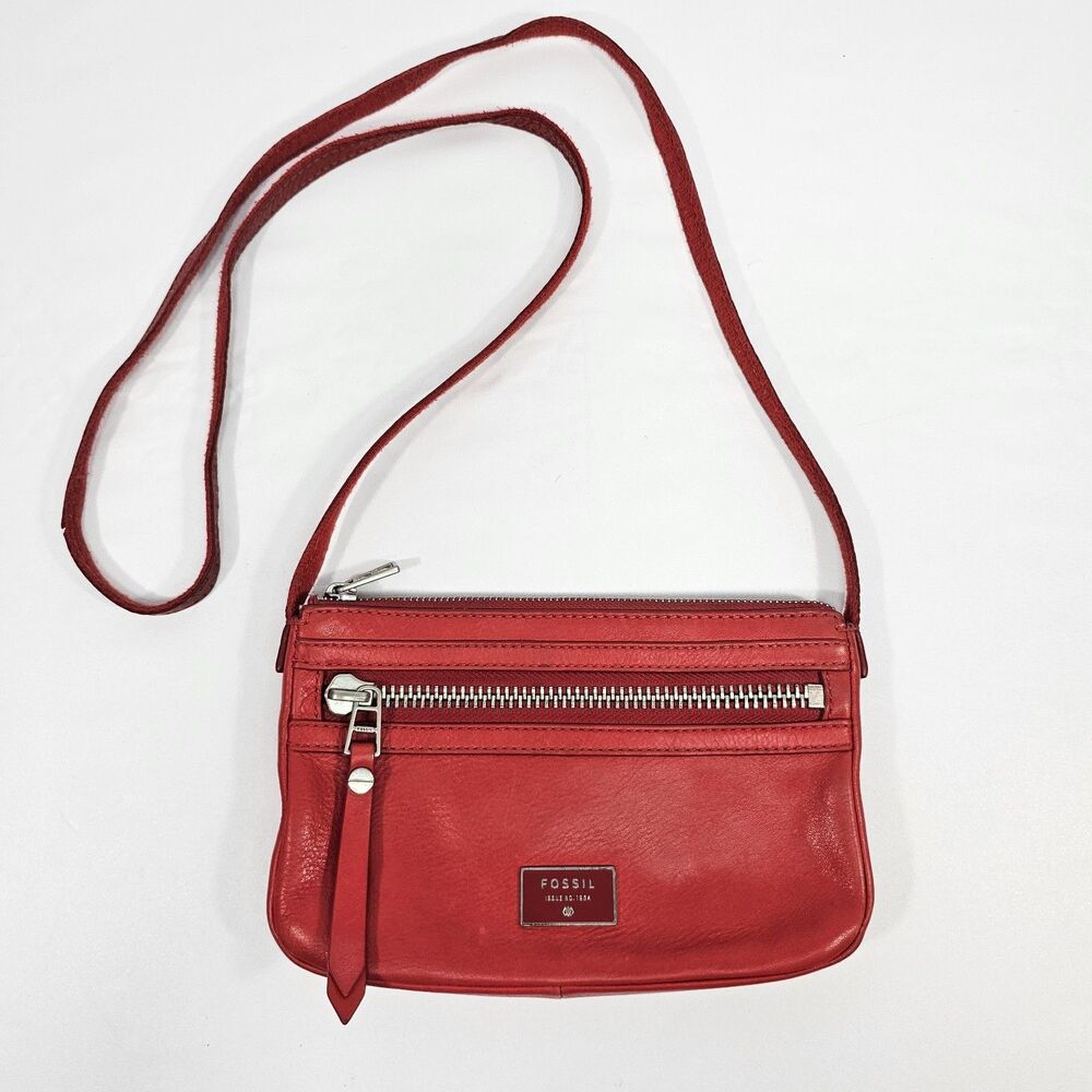 Fossil Red Leather Crossbody Bag Zipper Pocket Small Organizer Purse Minimalist